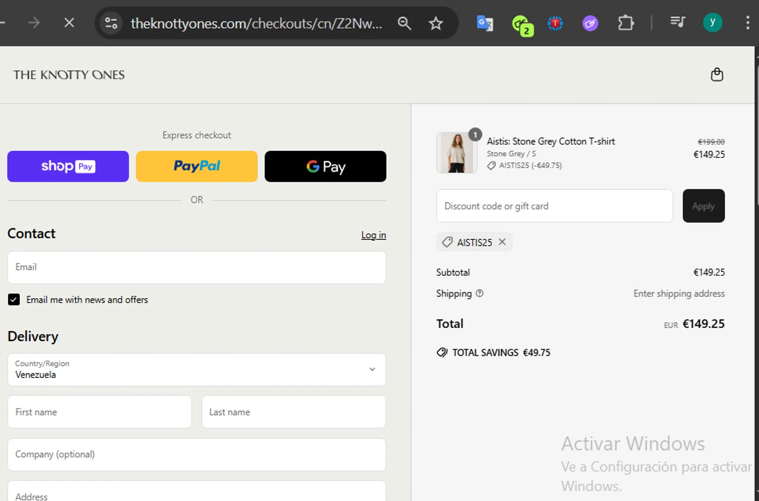 The Knotty Ones discount code screenshot showing code AISTIS25 applied at The Knotty Ones checkout page. Uploaded by SimplyCodes community member 502312 on May 15, 2025