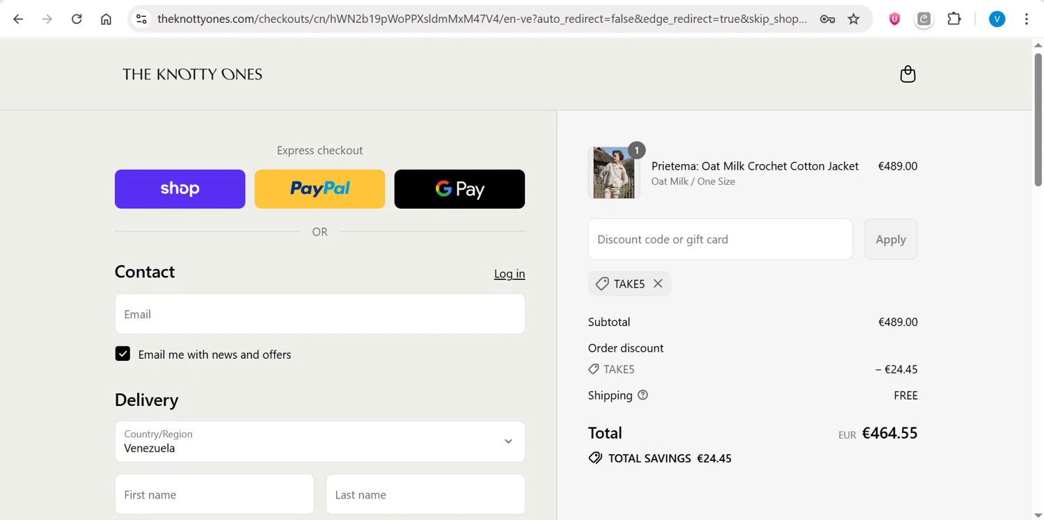 The Knotty Ones discount code screenshot showing code TAKE5 applied at The Knotty Ones checkout page. Uploaded by SimplyCodes community member CleverPilot4885 on Sep 4, 2025