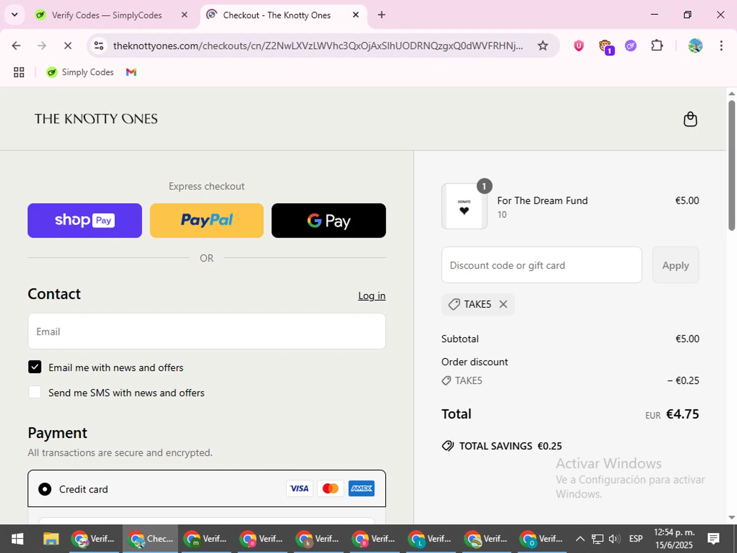 The Knotty Ones discount code screenshot showing code TAKE5 applied at The Knotty Ones checkout page. Uploaded by SimplyCodes community member ShrewdSpotter4101 on Jun 15, 2025