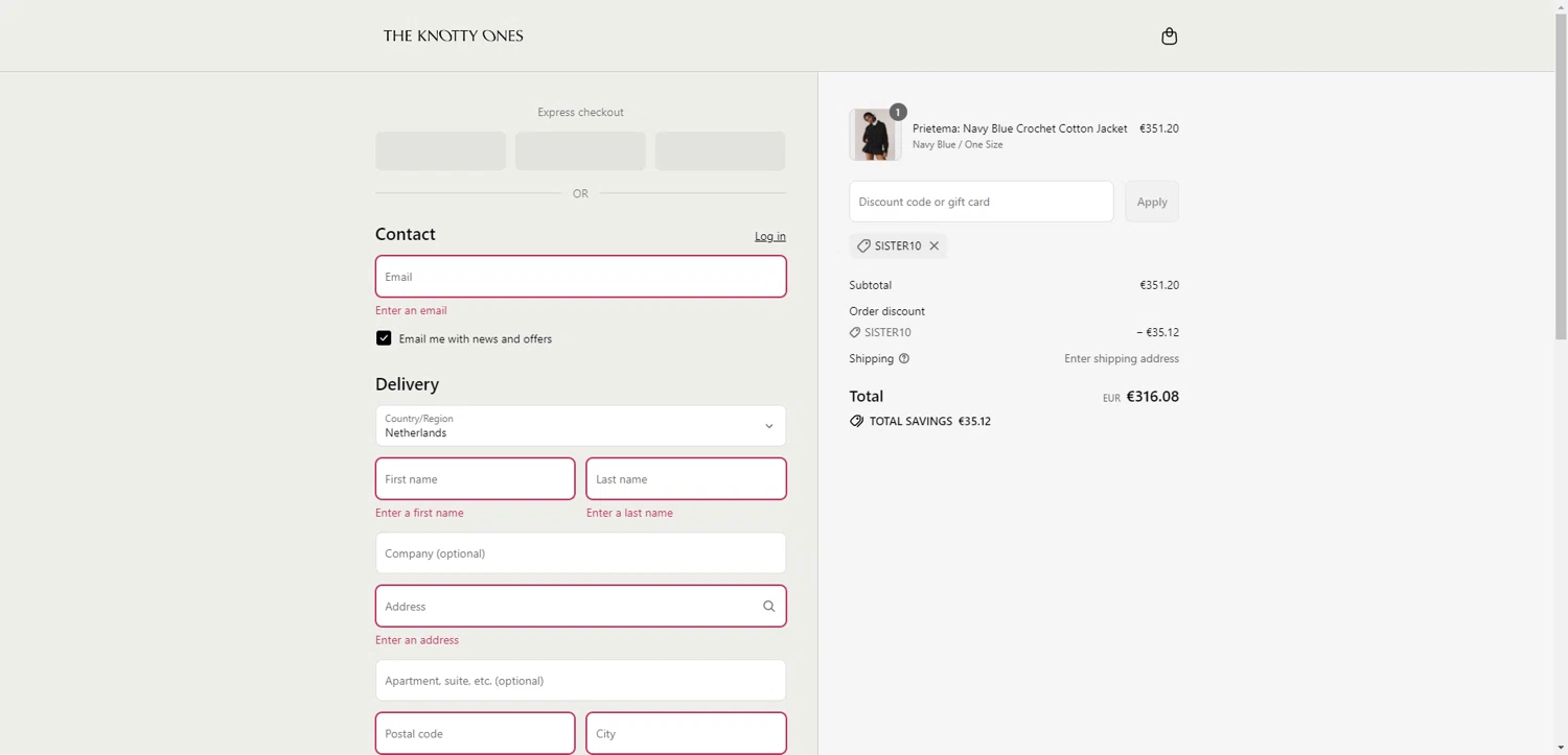 The Knotty Ones discount code screenshot showing code SISTER10 applied at The Knotty Ones checkout page. Uploaded by SimplyCodes community member CleverHawk1744 on Jul 14, 2025