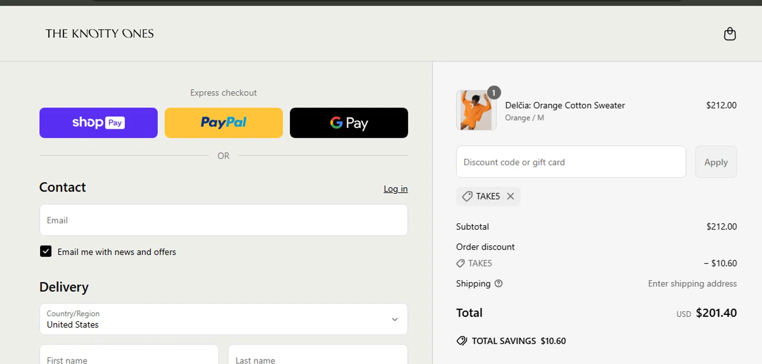 The Knotty Ones discount code screenshot showing code TAKE5 applied at The Knotty Ones checkout page. Uploaded by SimplyCodes community member Jhonny on Apr 30, 2025