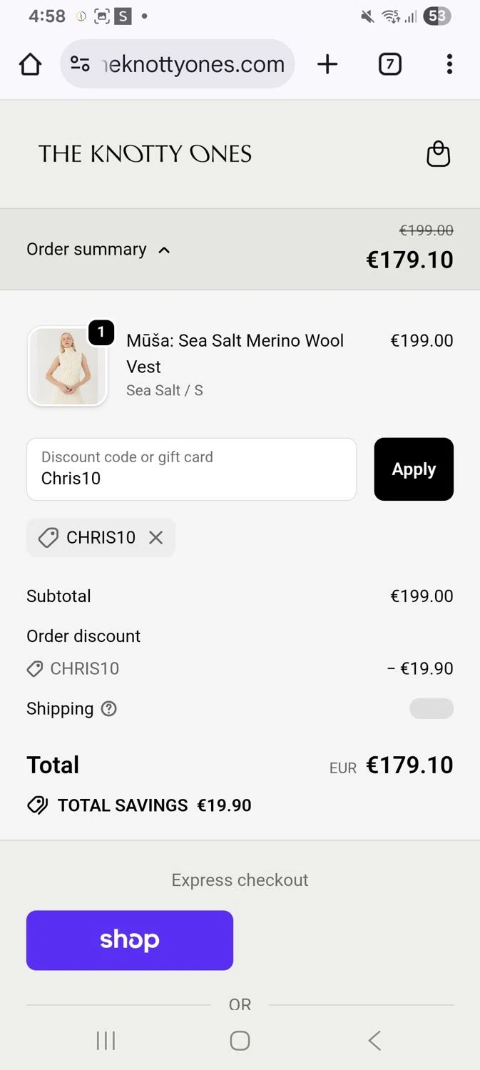 The Knotty Ones discount code screenshot showing code Chris10 applied at The Knotty Ones checkout page. Uploaded by SimplyCodes community member KarinaHZ on Sep 29, 2025