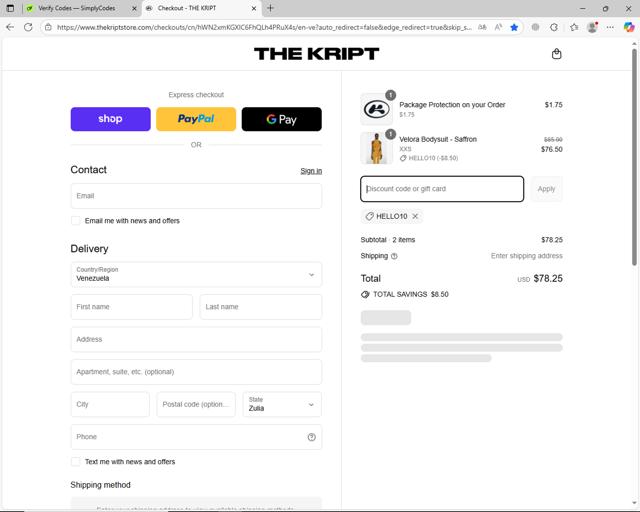The Kript checkout page showing The Kript discount code box | Screenshot taken by SimplyCodes community member on Sep 14, 2025