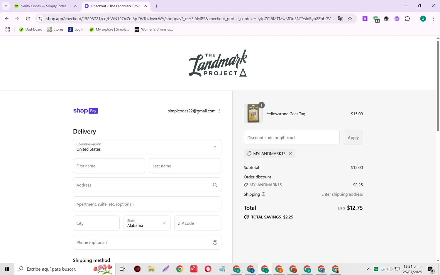 The Landmark Project discount code screenshot showing code mylandmark15 applied at The Landmark Project checkout page. Uploaded by SimplyCodes community member SarayH on Jul 25, 2025