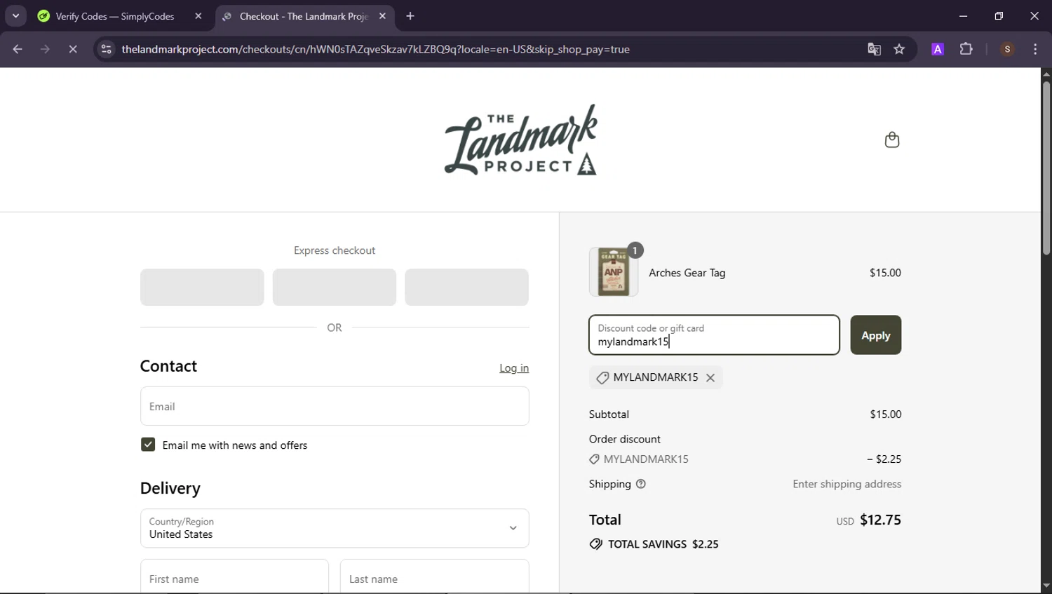 The Landmark Project discount code screenshot showing code mylandmark15 applied at The Landmark Project checkout page. Uploaded by SimplyCodes community member ShieldAdmiral2781 on Jul 21, 2025