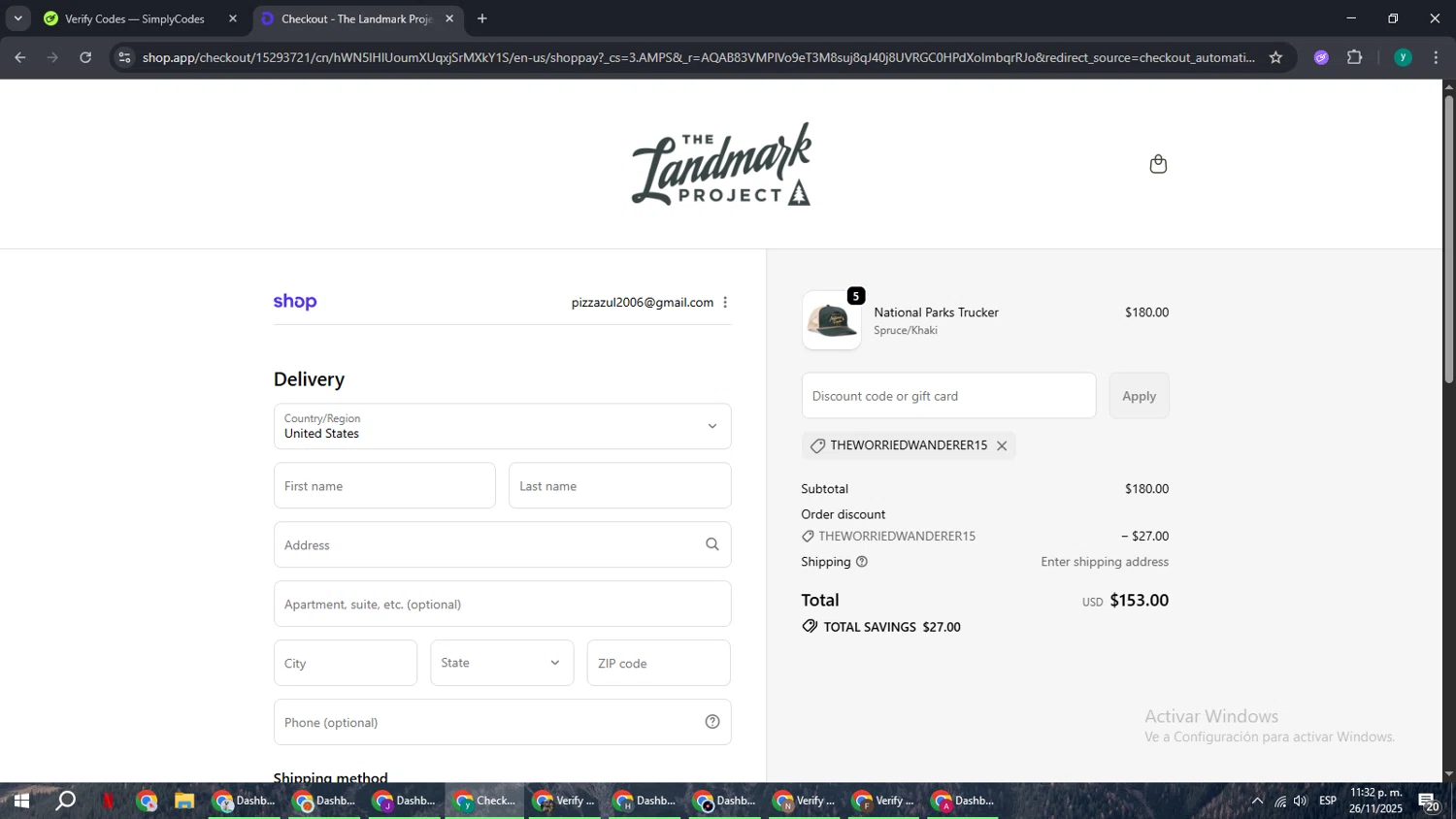 The Landmark Project discount code screenshot showing code theworriedwanderer15 applied at The Landmark Project checkout page. Uploaded by SimplyCodes community member FrugalCaptain6906 on Nov 27, 2025