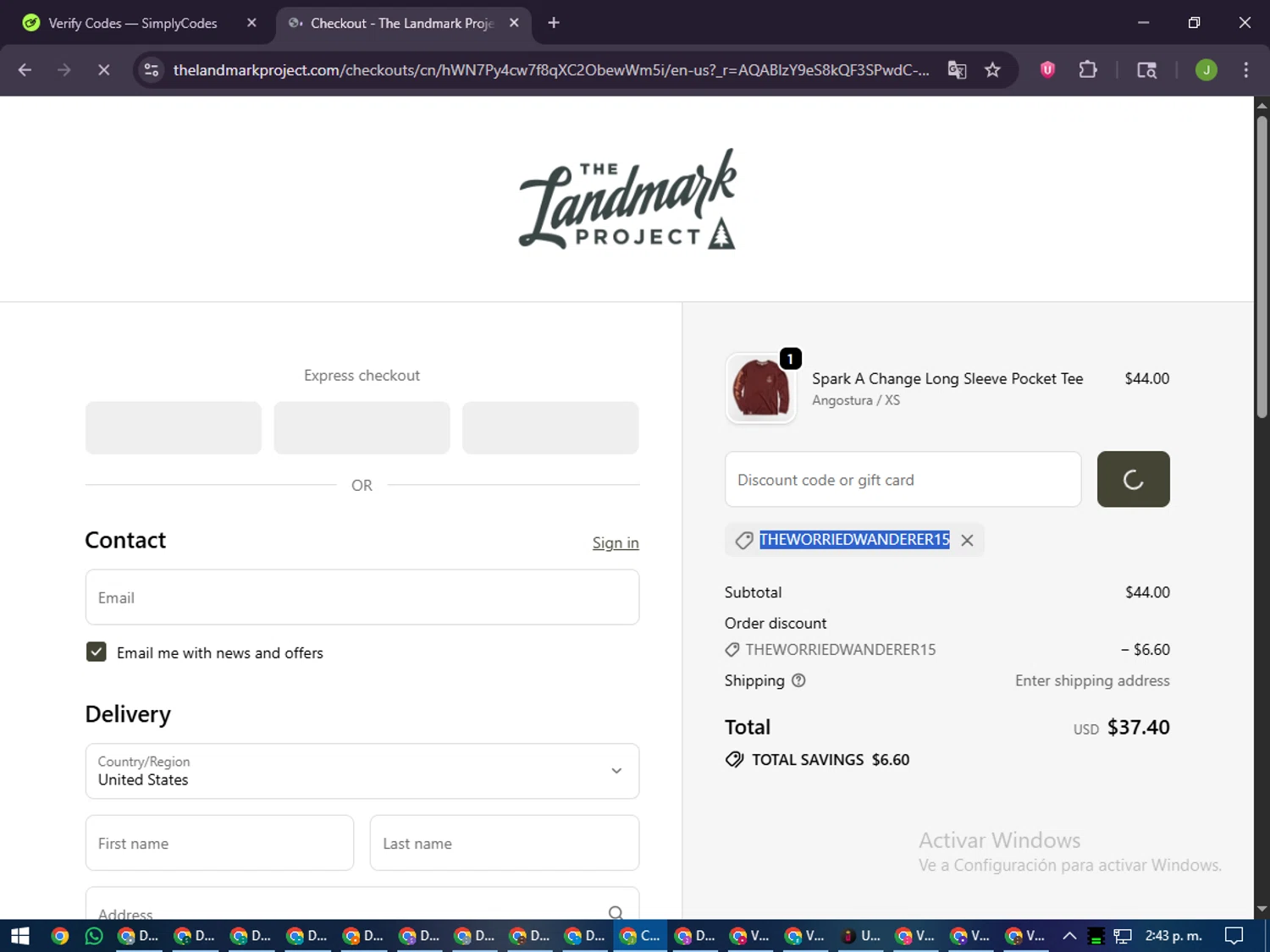 The Landmark Project discount code screenshot showing code theworriedwanderer15 applied at The Landmark Project checkout page. Uploaded by SimplyCodes community member LilBaby on Jan 9, 2026