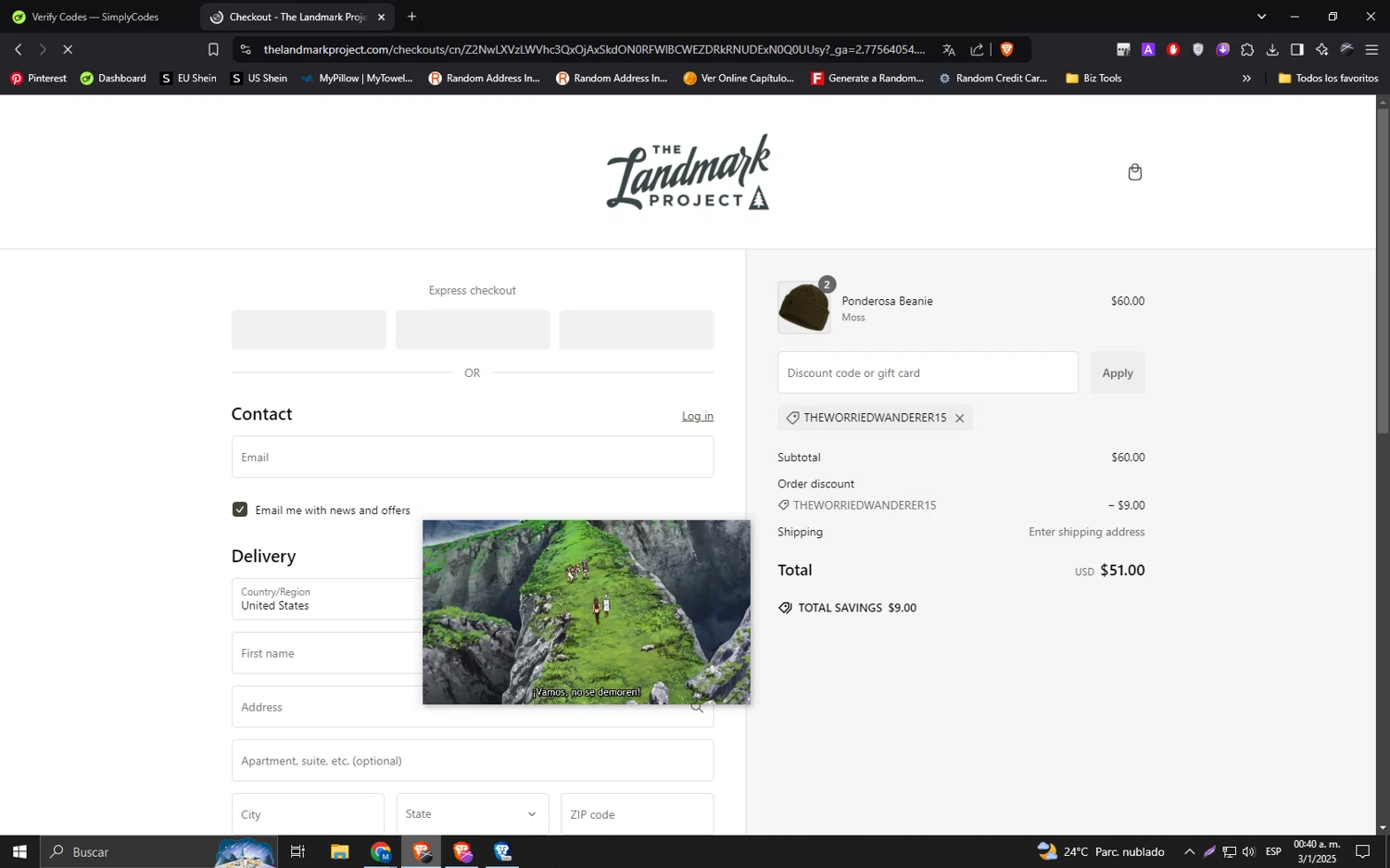 The Landmark Project discount code screenshot showing code theworriedwanderer15 applied at The Landmark Project checkout page. Uploaded by SimplyCodes community member ilarrazaM1 on Jan 3, 2025