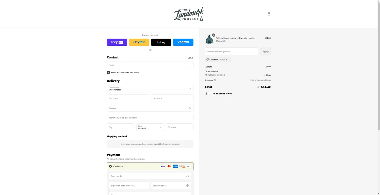 The Landmark Project discount code screenshot showing code KATEKEEPSWILD15 applied at The Landmark Project checkout page. Uploaded by SimplyCodes community member echidanarara on Mar 11, 2025