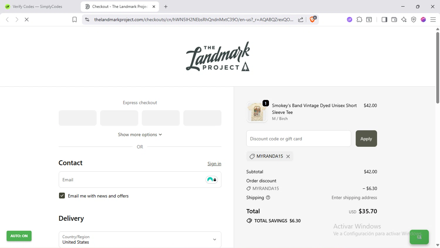 The Landmark Project discount code screenshot showing code Myranda15 applied at The Landmark Project checkout page. Uploaded by SimplyCodes community member SapeGato on Nov 27, 2025