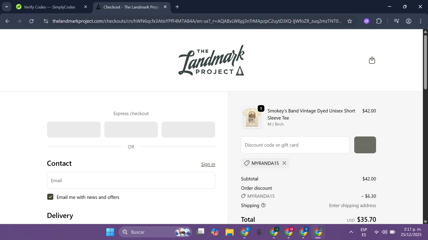 The Landmark Project discount code screenshot showing code Myranda15 applied at The Landmark Project checkout page. Uploaded by SimplyCodes community member SmartLegend506 on Dec 25, 2025