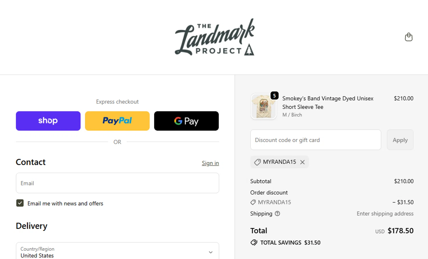 The Landmark Project discount code screenshot showing code Myranda15 applied at The Landmark Project checkout page. Uploaded by SimplyCodes community member leiraM on Dec 20, 2025