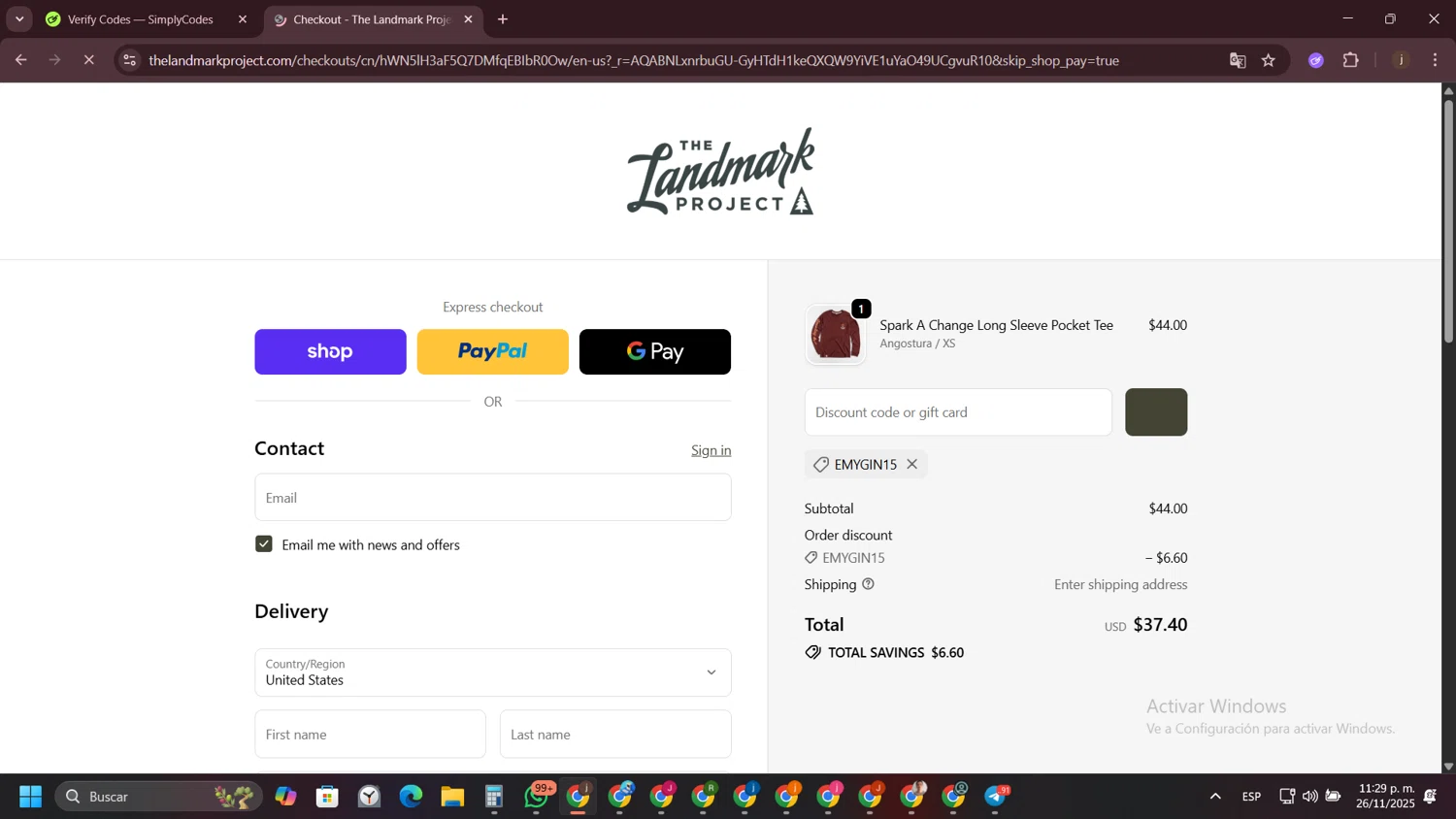 The Landmark Project discount code screenshot showing code EMYGIN15 applied at The Landmark Project checkout page. Uploaded by SimplyCodes community member VictoriousVirtuoso7711 on Nov 27, 2025