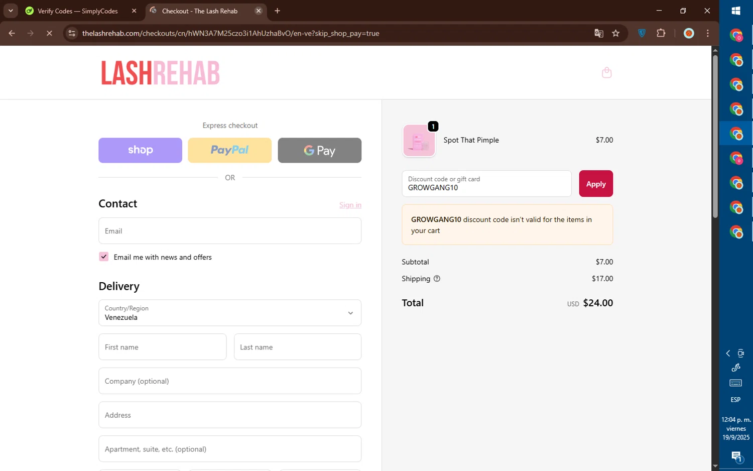 The Lash Rehab promo code screenshot showing code GROWGANG10 applied at The Lash Rehab checkout page. Uploaded by SimplyCodes community member DealElite4728 on Sep 19, 2025
