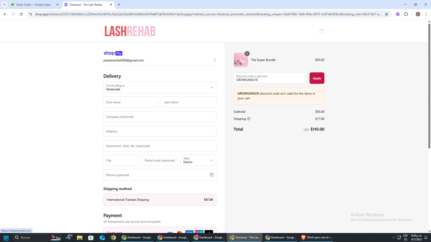 The Lash Rehab promo code screenshot showing code GROWGANG10 applied at The Lash Rehab checkout page. Uploaded by SimplyCodes community member SwiftSage2309 on Jul 9, 2025