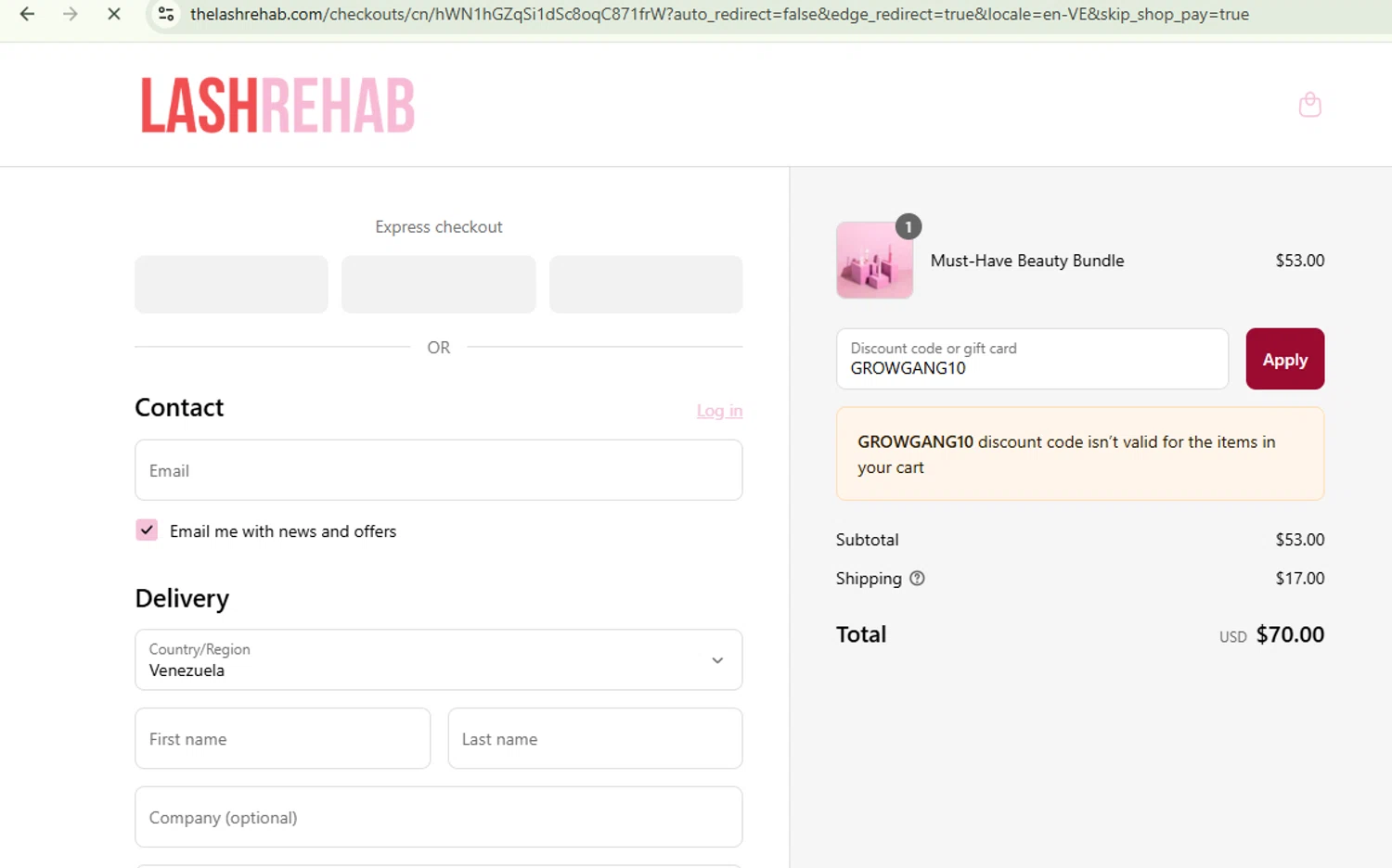 The Lash Rehab promo code screenshot showing code GROWGANG10 applied at The Lash Rehab checkout page. Uploaded by SimplyCodes community member TokenChaser7698 on Aug 12, 2025