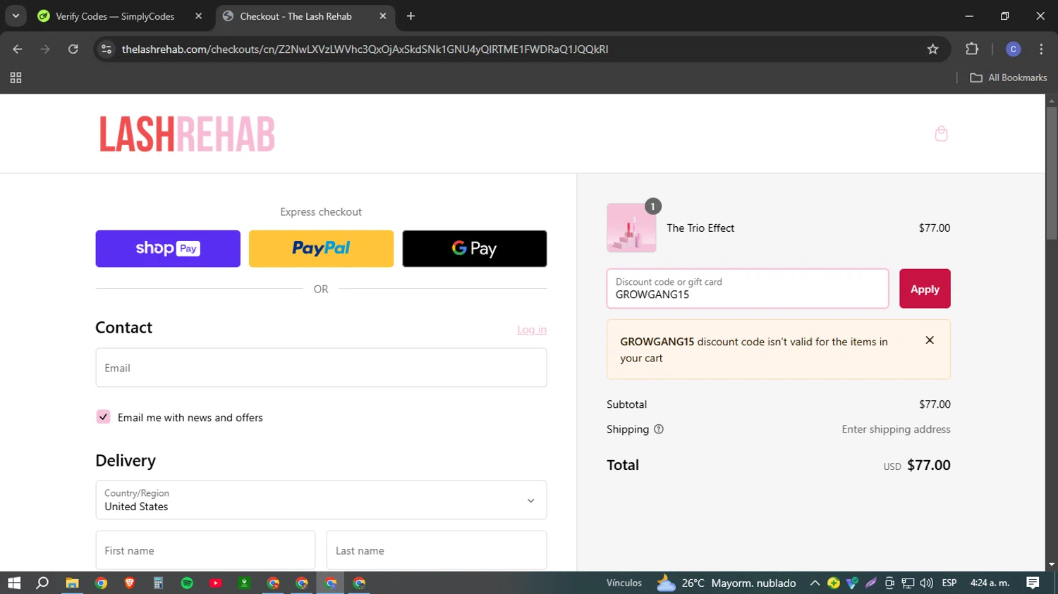 The Lash Rehab promo code screenshot showing code GROWGANG15 applied at The Lash Rehab checkout page. Uploaded by SimplyCodes community member Cotu1208 on Jan 4, 2025