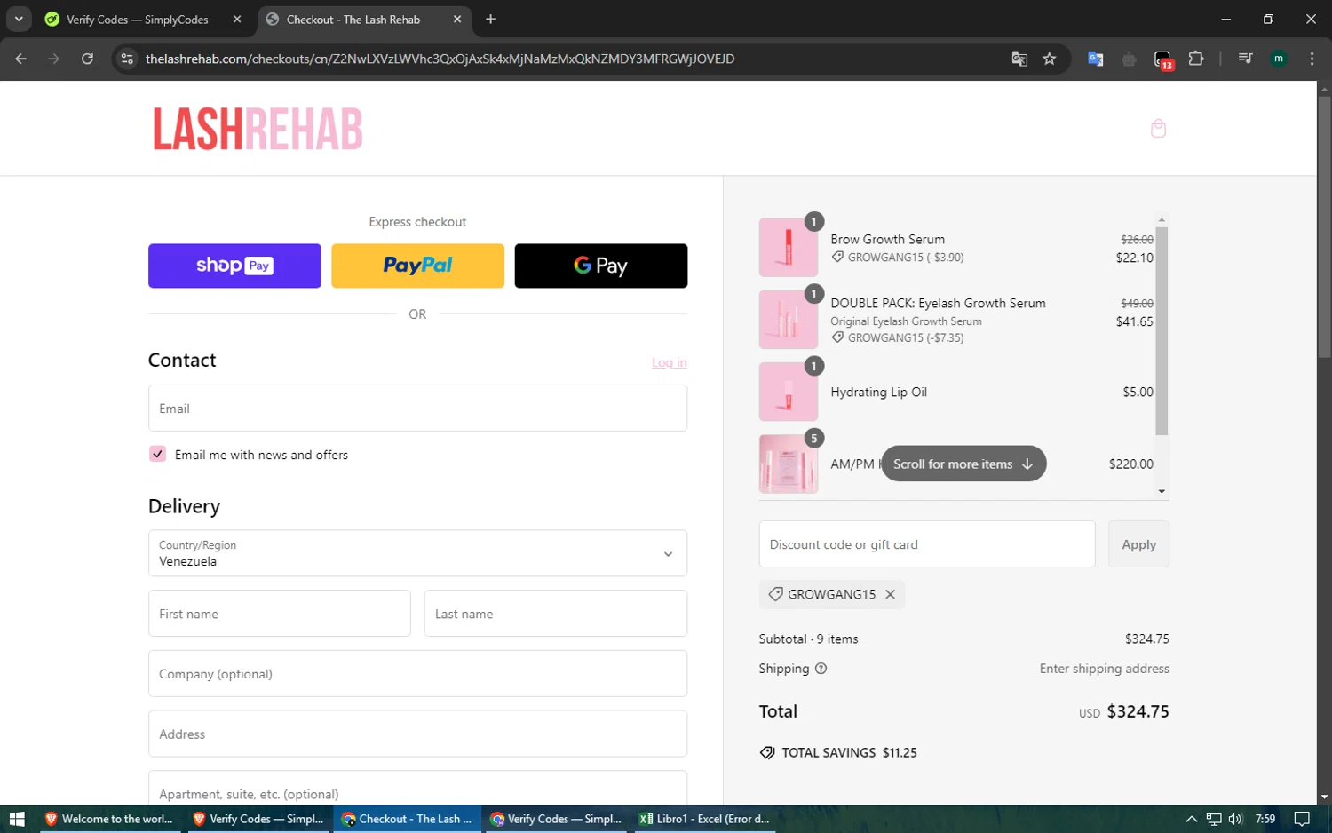 The Lash Rehab promo code screenshot showing code GROWGANG15 applied at The Lash Rehab checkout page. Uploaded by SimplyCodes community member Voucher200 on Feb 26, 2025