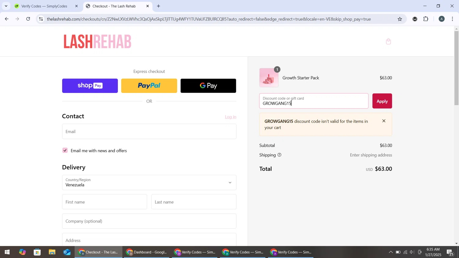 The Lash Rehab promo code screenshot showing code GROWGANG15 applied at The Lash Rehab checkout page. Uploaded by SimplyCodes community member BonusMonarch7015 on Jan 27, 2025