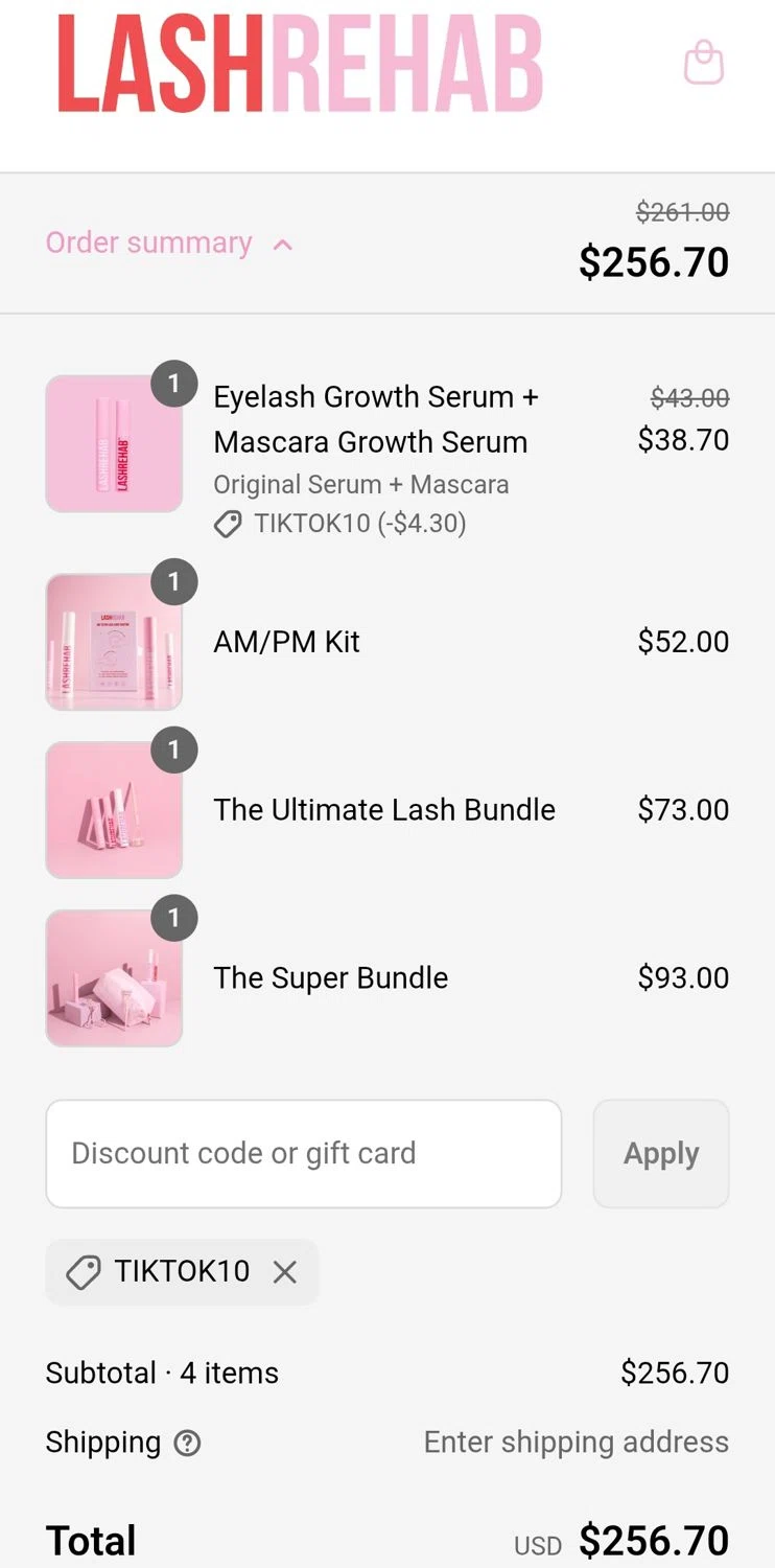The Lash Rehab promo code screenshot showing code TIKTOK10 applied at The Lash Rehab checkout page. Uploaded by SimplyCodes community member luki1958 on Jun 6, 2025