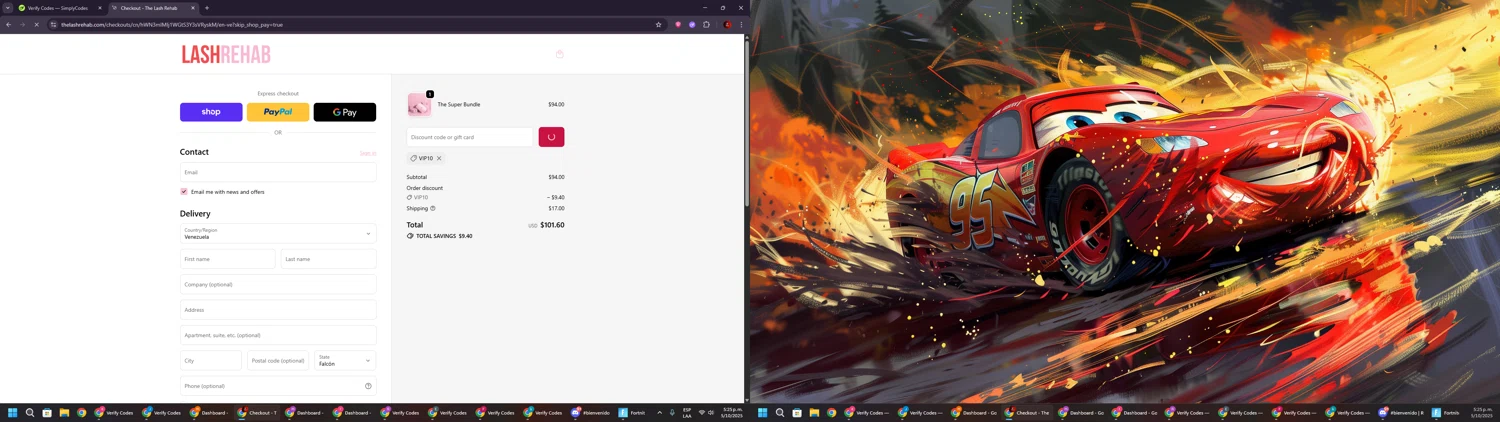 The Lash Rehab promo code screenshot showing code VIP10 applied at The Lash Rehab checkout page. Uploaded by SimplyCodes community member BrilliantSaver7516 on Oct 5, 2025