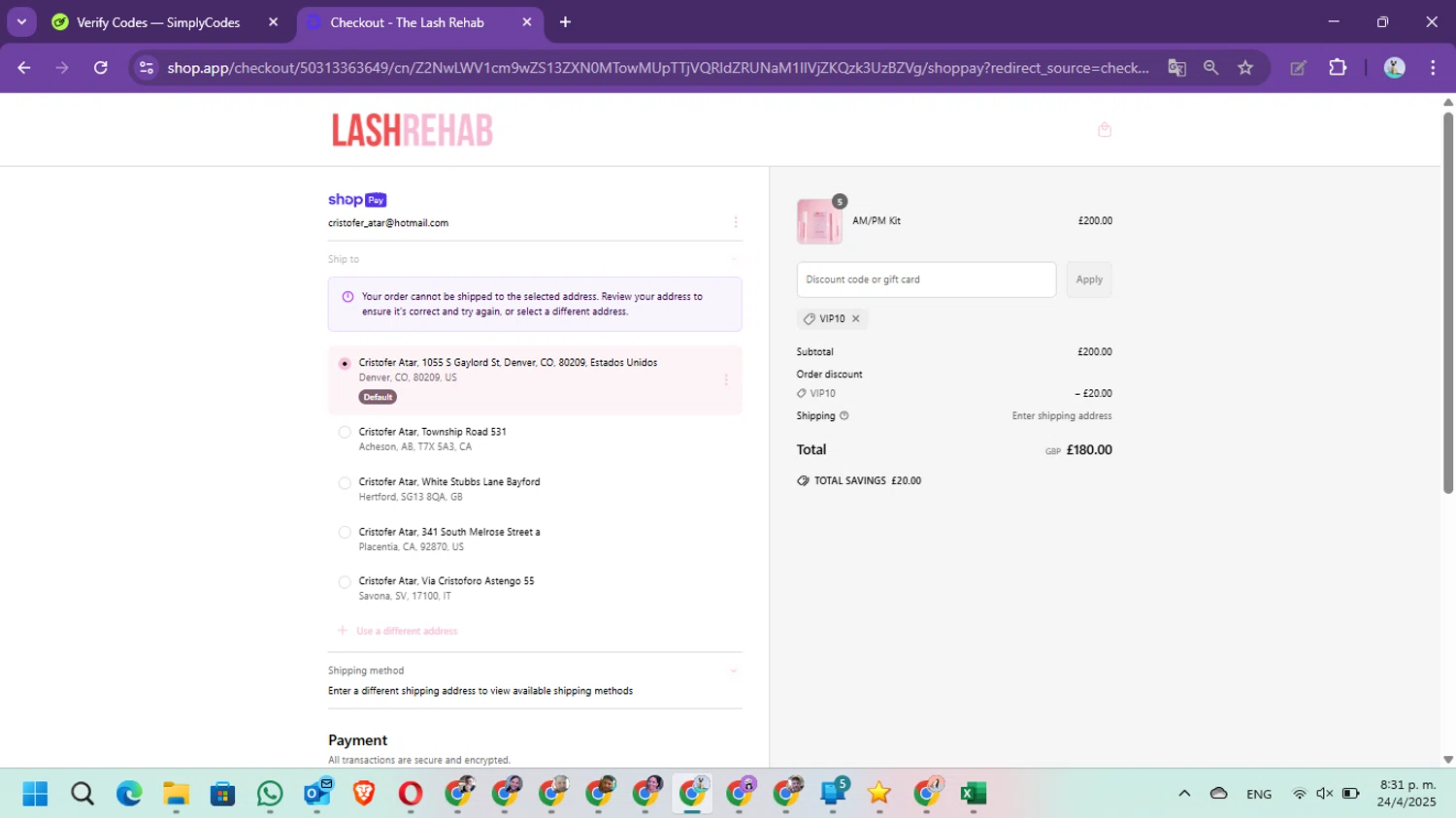 The Lash Rehab promo code screenshot showing code VIP10 applied at The Lash Rehab checkout page. Uploaded by SimplyCodes community member Marielis on Apr 25, 2025