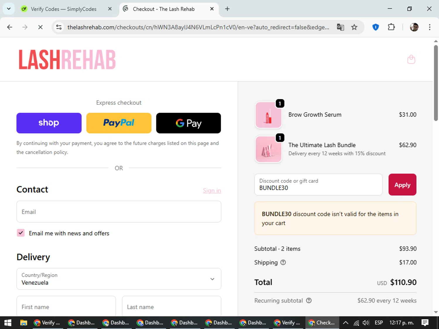 The Lash Rehab promo code screenshot showing code BUNDLE30 applied at The Lash Rehab checkout page. Uploaded by SimplyCodes community member DiscountSeeker682 on Sep 19, 2025