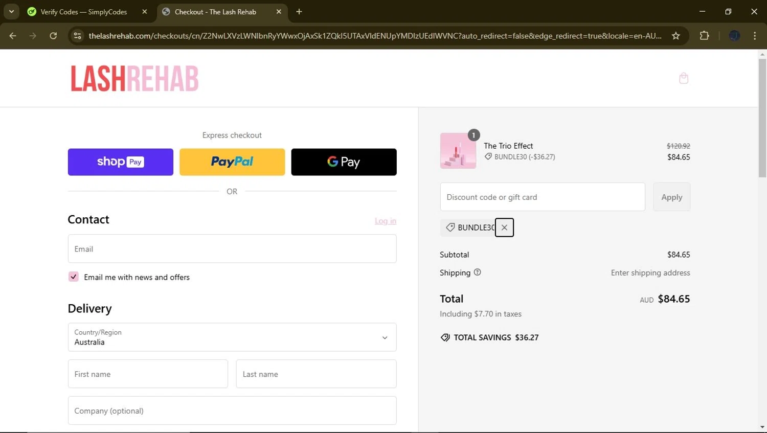 The Lash Rehab promo code screenshot showing code BUNDLE30 applied at The Lash Rehab checkout page. Uploaded by SimplyCodes community member GloriousFinder8415 on Feb 25, 2025