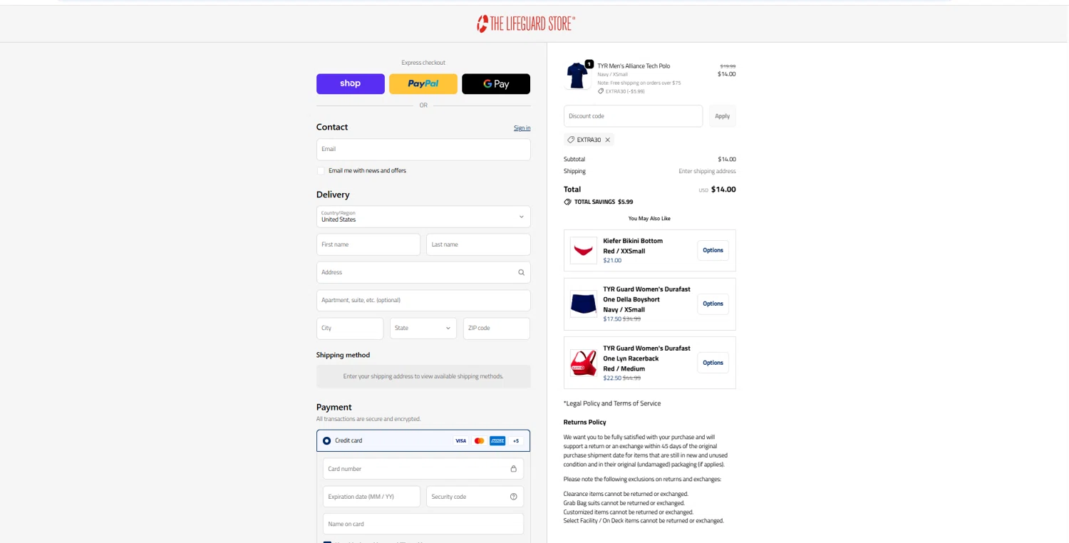 The Lifeguard Store promo code screenshot showing code EXTRA30 applied at The Lifeguard Store checkout page. Uploaded by SimplyCodes community member reggiesmith on Feb 20, 2026