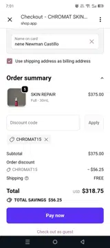 CHROMAT15 coupon verification screenshot