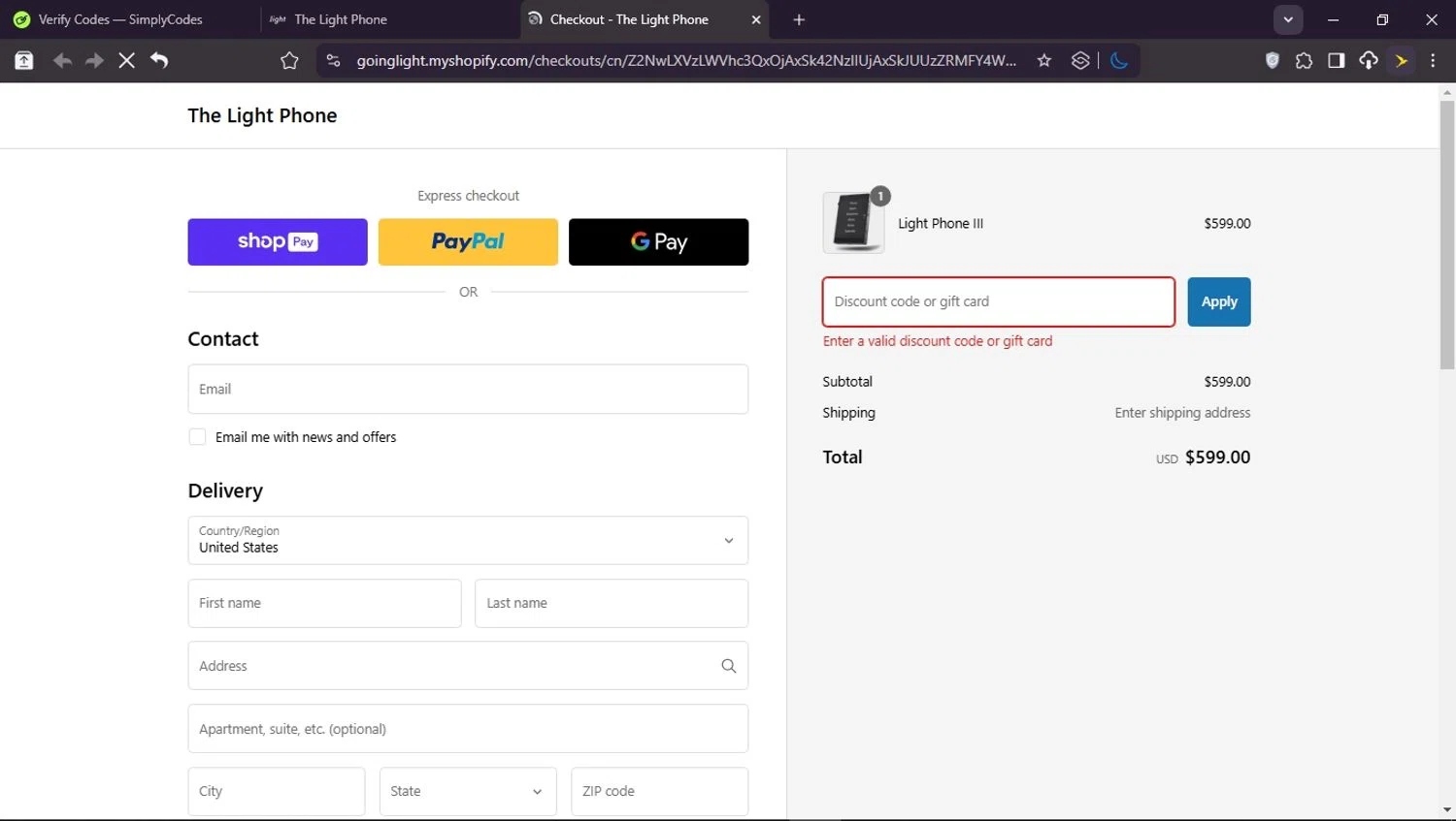 The Light Phone discount code screenshot showing code EI3828 applied at The Light Phone checkout page. Uploaded by SimplyCodes community member CashScout2884 on Feb 28, 2025