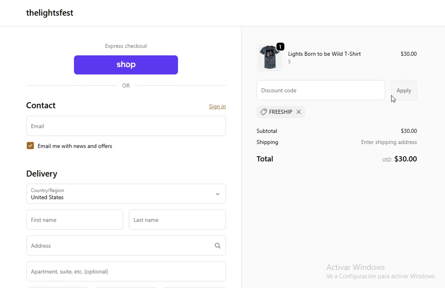 The Lights Fest promo code screenshot showing code FREESHIP applied at The Lights Fest checkout page. Uploaded by SimplyCodes community member Sheele_Icon on Dec 3, 2025