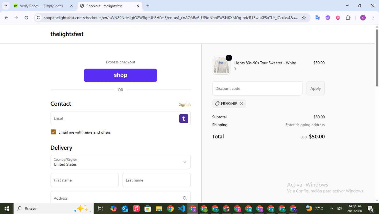 The Lights Fest promo code screenshot showing code FREESHIP applied at The Lights Fest checkout page. Uploaded by SimplyCodes community member WonderPioneer5062 on Jan 29, 2026