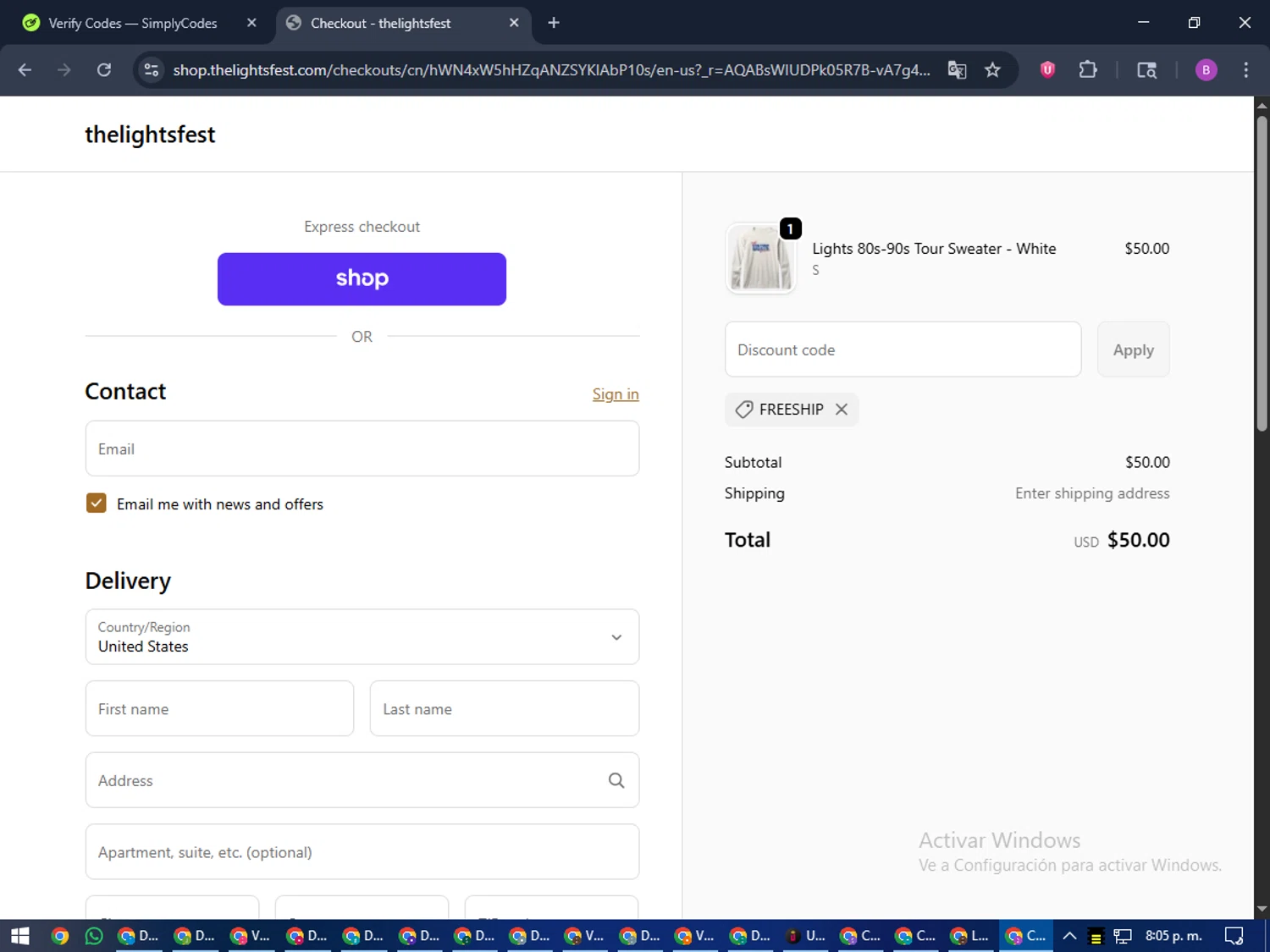 The Lights Fest promo code screenshot showing code FREESHIP applied at The Lights Fest checkout page. Uploaded by SimplyCodes community member travisscott on Nov 6, 2025