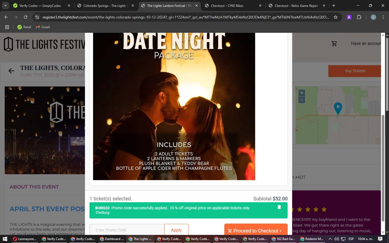 The Lights Fest promo code screenshot showing code Burg20 applied at The Lights Fest checkout page. Uploaded by SimplyCodes community member Laureandiaz on Apr 17, 2025