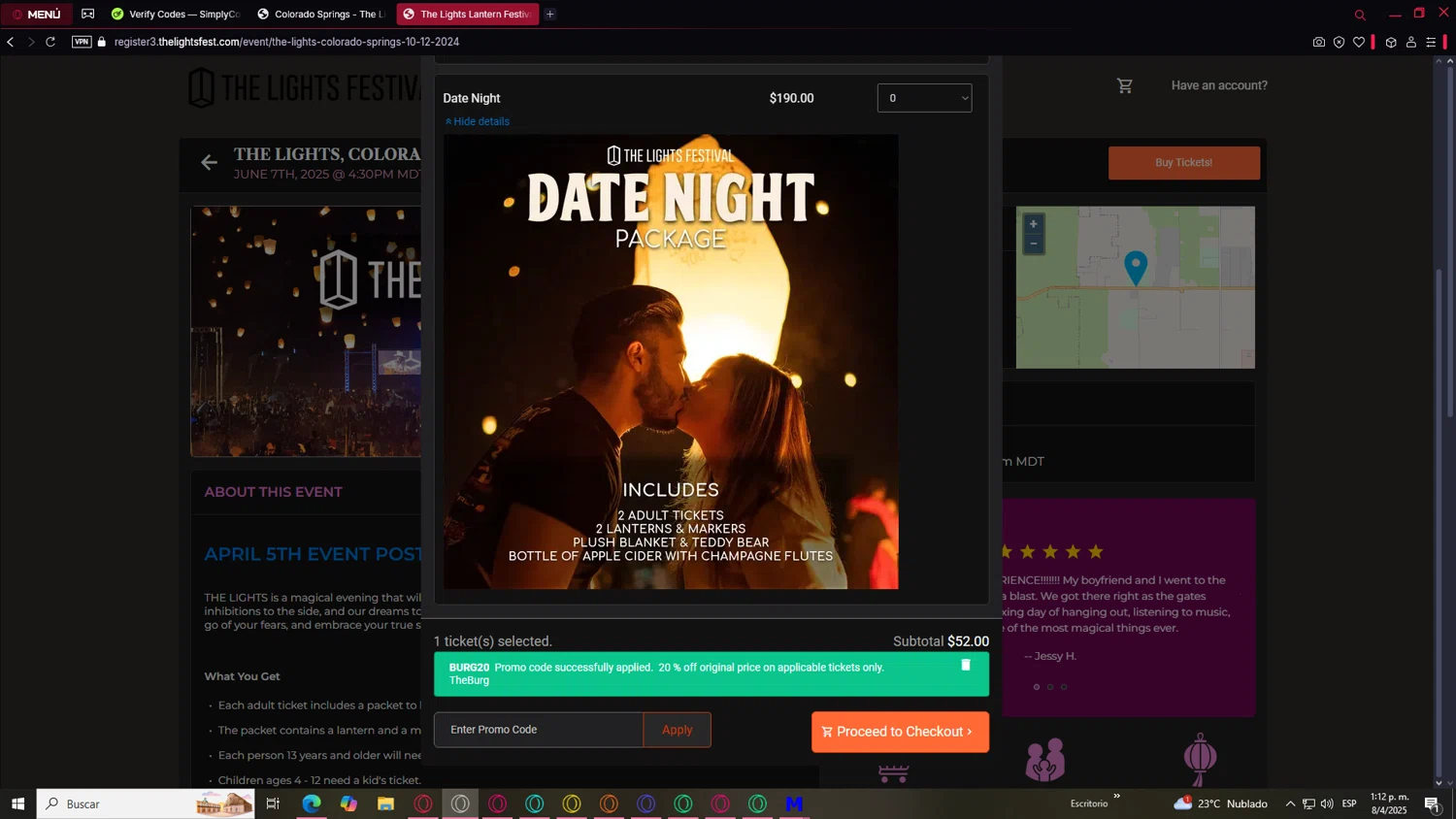 The Lights Fest promo code screenshot showing code Burg20 applied at The Lights Fest checkout page. Uploaded by SimplyCodes community member RebateAce8829 on Apr 8, 2025