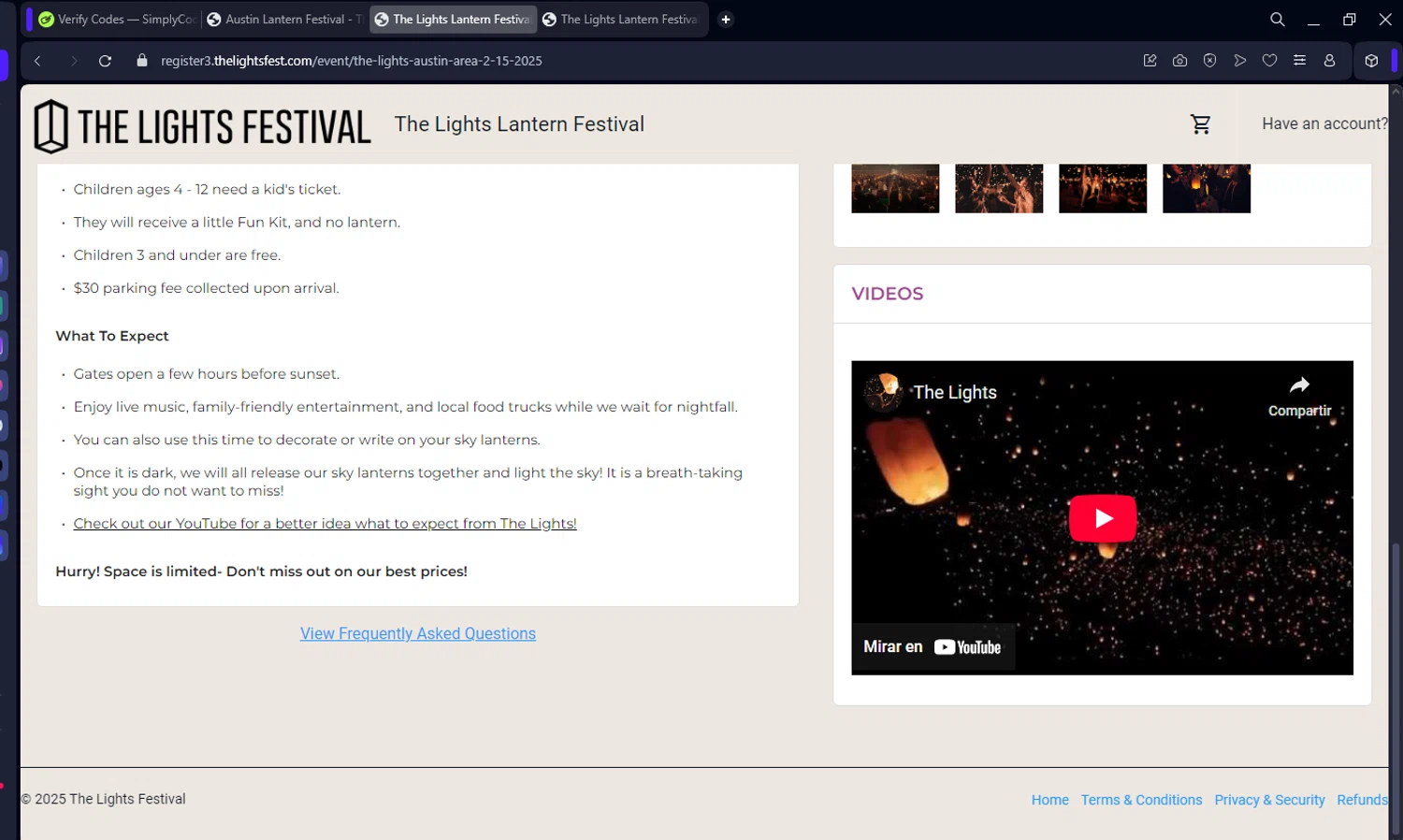 The Lights Fest promo code screenshot showing code LIGHTITUP10 applied at The Lights Fest checkout page. Uploaded by SimplyCodes community member MGCAVILL on Feb 19, 2025