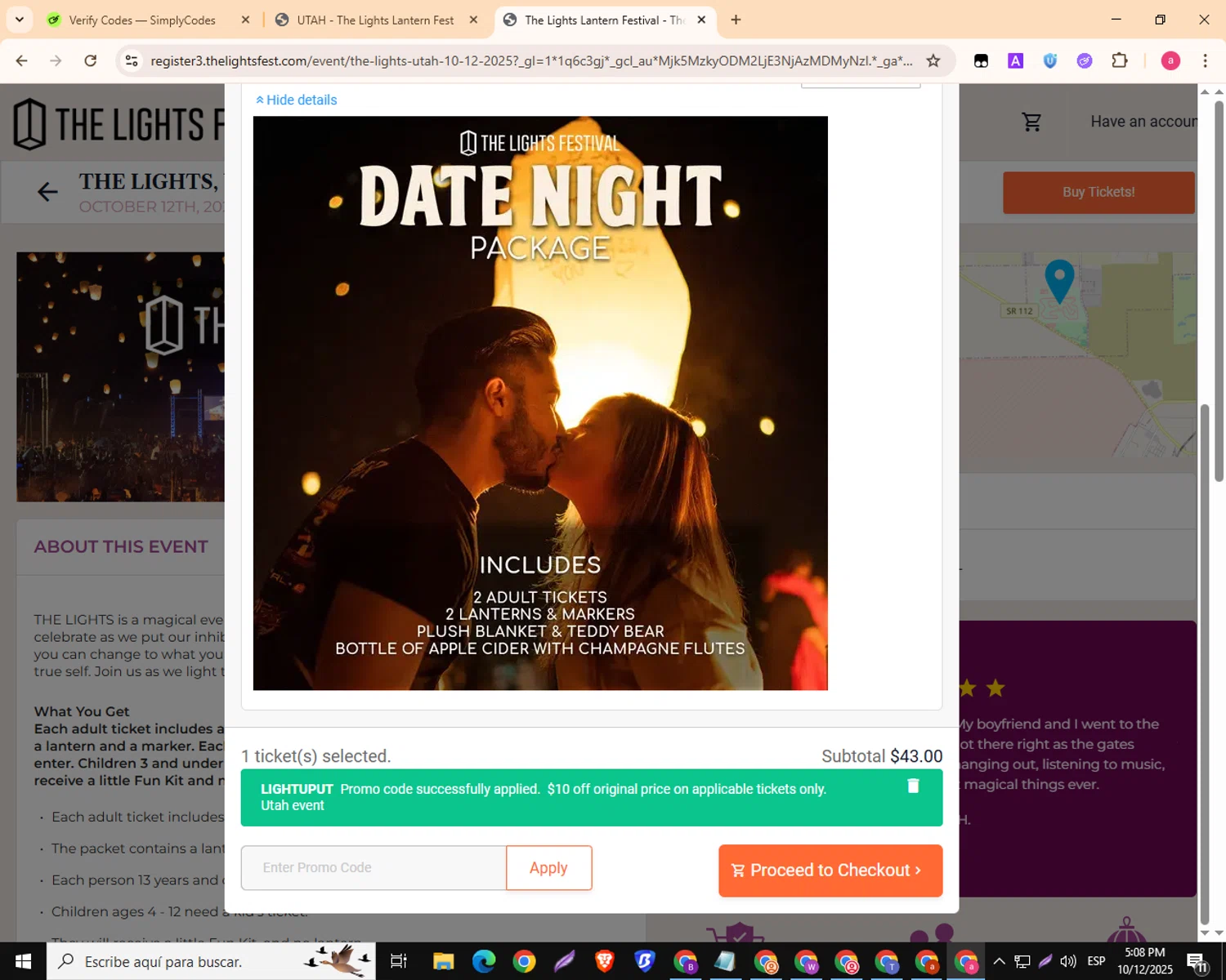 The Lights Fest promo code screenshot showing code LIGHTUPUT applied at The Lights Fest checkout page. Uploaded by SimplyCodes community member MagnificentKnight3359 on Oct 12, 2025