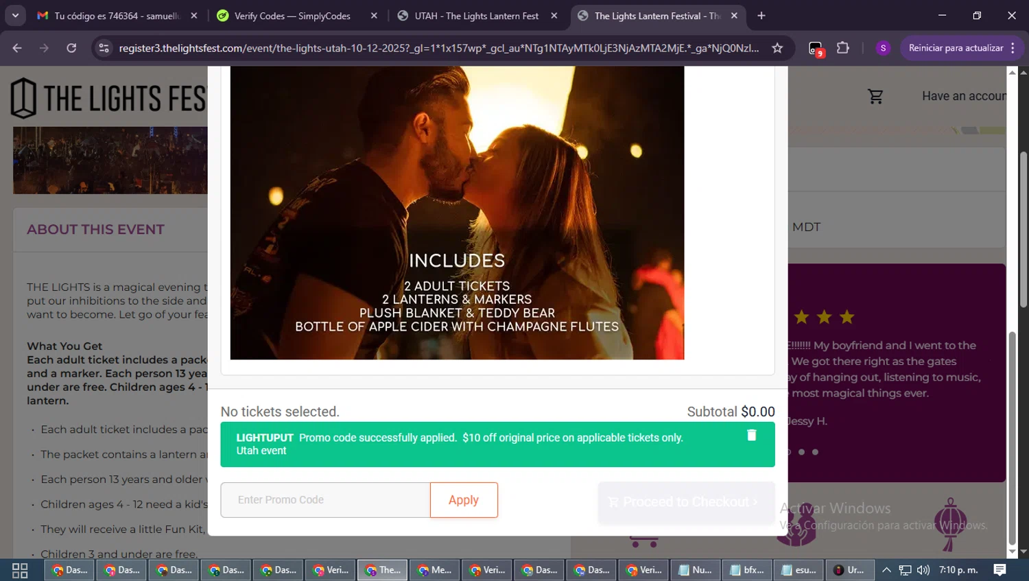 The Lights Fest promo code screenshot showing code LIGHTUPUT applied at The Lights Fest checkout page. Uploaded by SimplyCodes community member ShieldWarden7838 on Oct 12, 2025