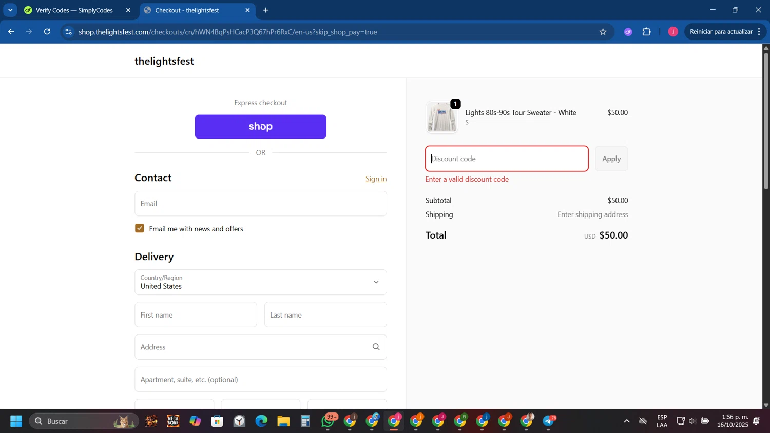 The Lights Fest promo code screenshot showing code LIGHTUPUT applied at The Lights Fest checkout page. Uploaded by SimplyCodes community member Tryhard on Oct 16, 2025