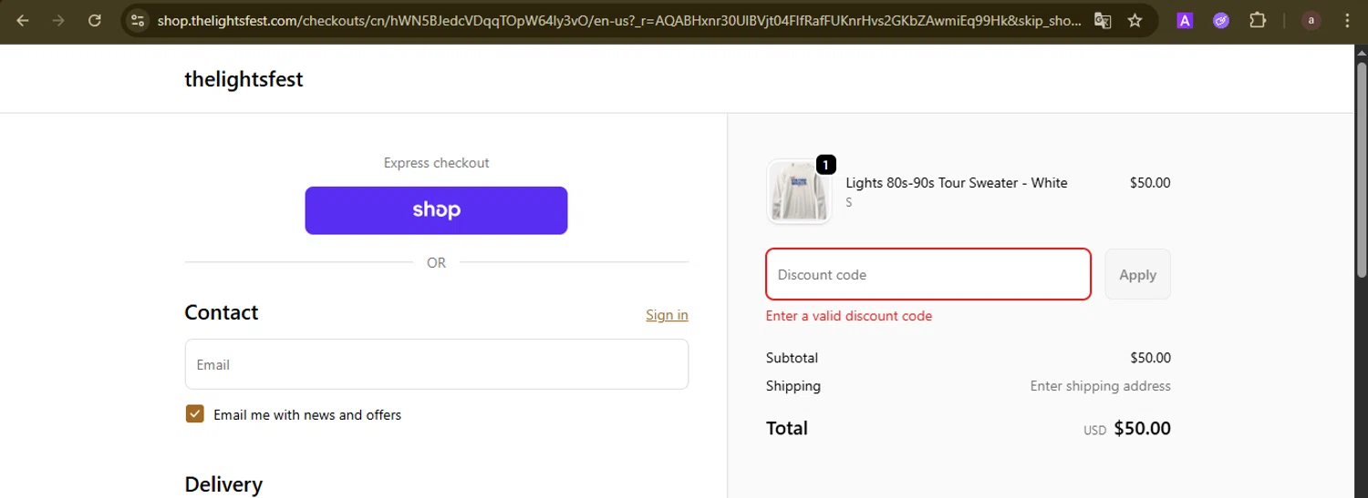 The Lights Fest promo code screenshot showing code LIGHTUPCHI applied at The Lights Fest checkout page. Uploaded by SimplyCodes community member GoldCurator1773 on Nov 11, 2025