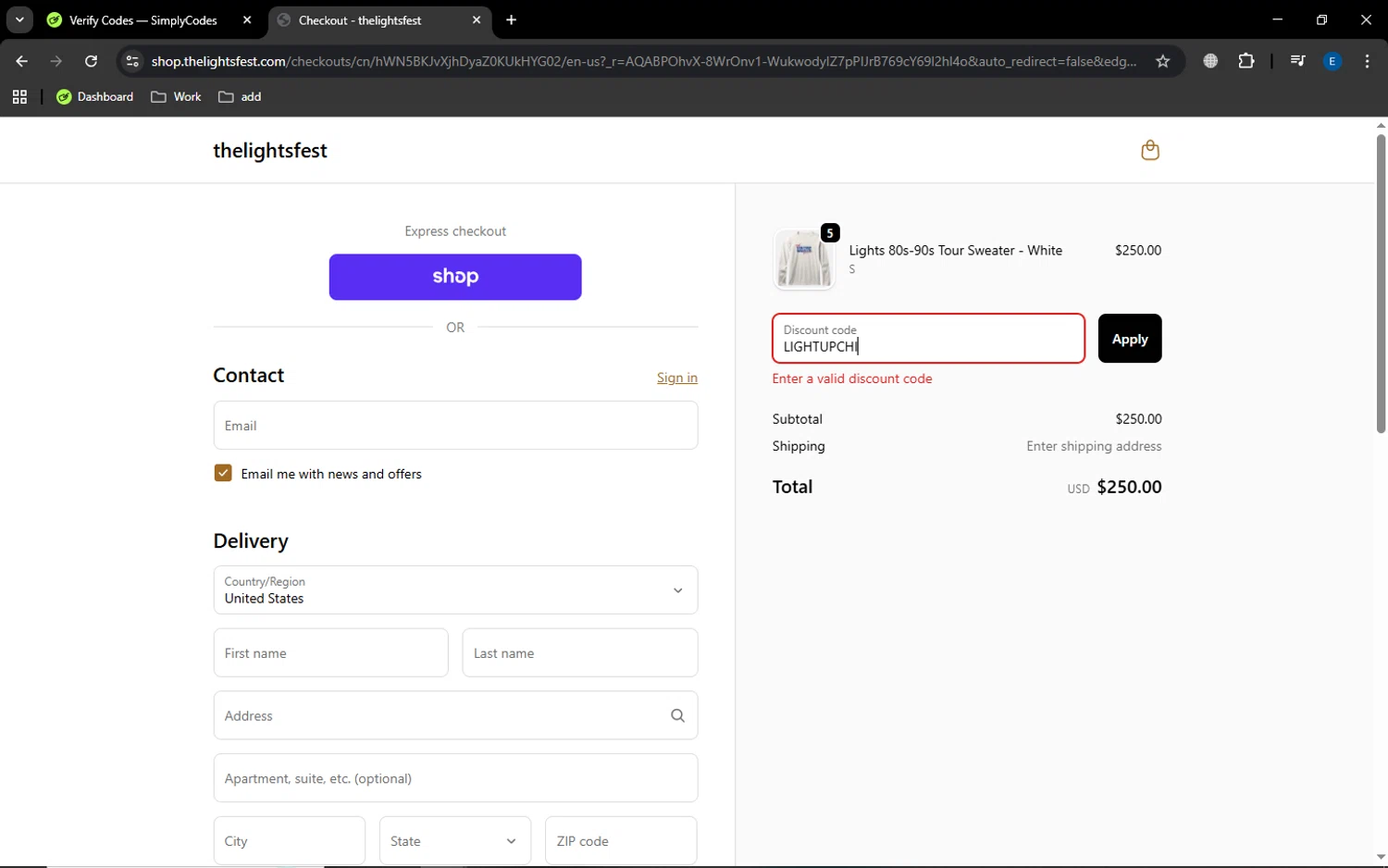 The Lights Fest promo code screenshot showing code LIGHTUPCHI applied at The Lights Fest checkout page. Uploaded by SimplyCodes community member GoldSaver5472 on Nov 11, 2025