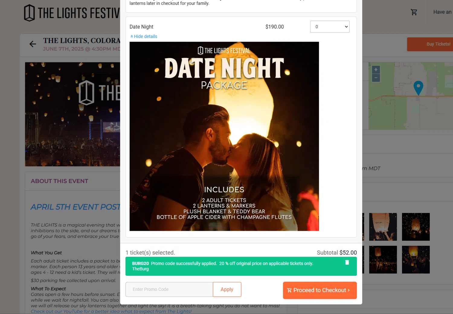 The Lights Fest promo code screenshot showing code BURG20 applied at The Lights Fest checkout page. Uploaded by SimplyCodes community member vctr7w7x on Apr 8, 2025