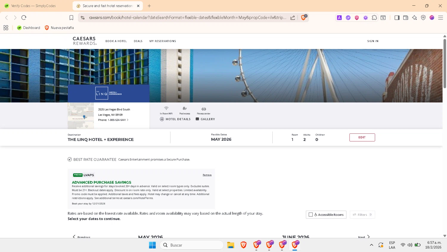 The LINQ Hotel promo code screenshot showing code LVAPS applied at The LINQ Hotel checkout page. Uploaded by SimplyCodes community member PrimeWhiz4850 on Feb 18, 2026