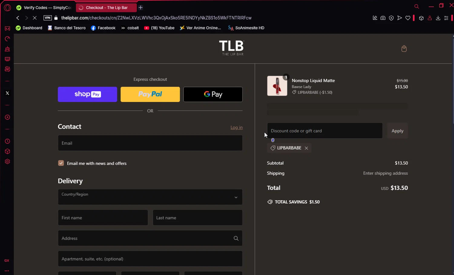 The Lip Bar discount code screenshot showing code LIPBARBABE applied at The Lip Bar checkout page. Uploaded by SimplyCodes community member Ema007 on Jan 23, 2025