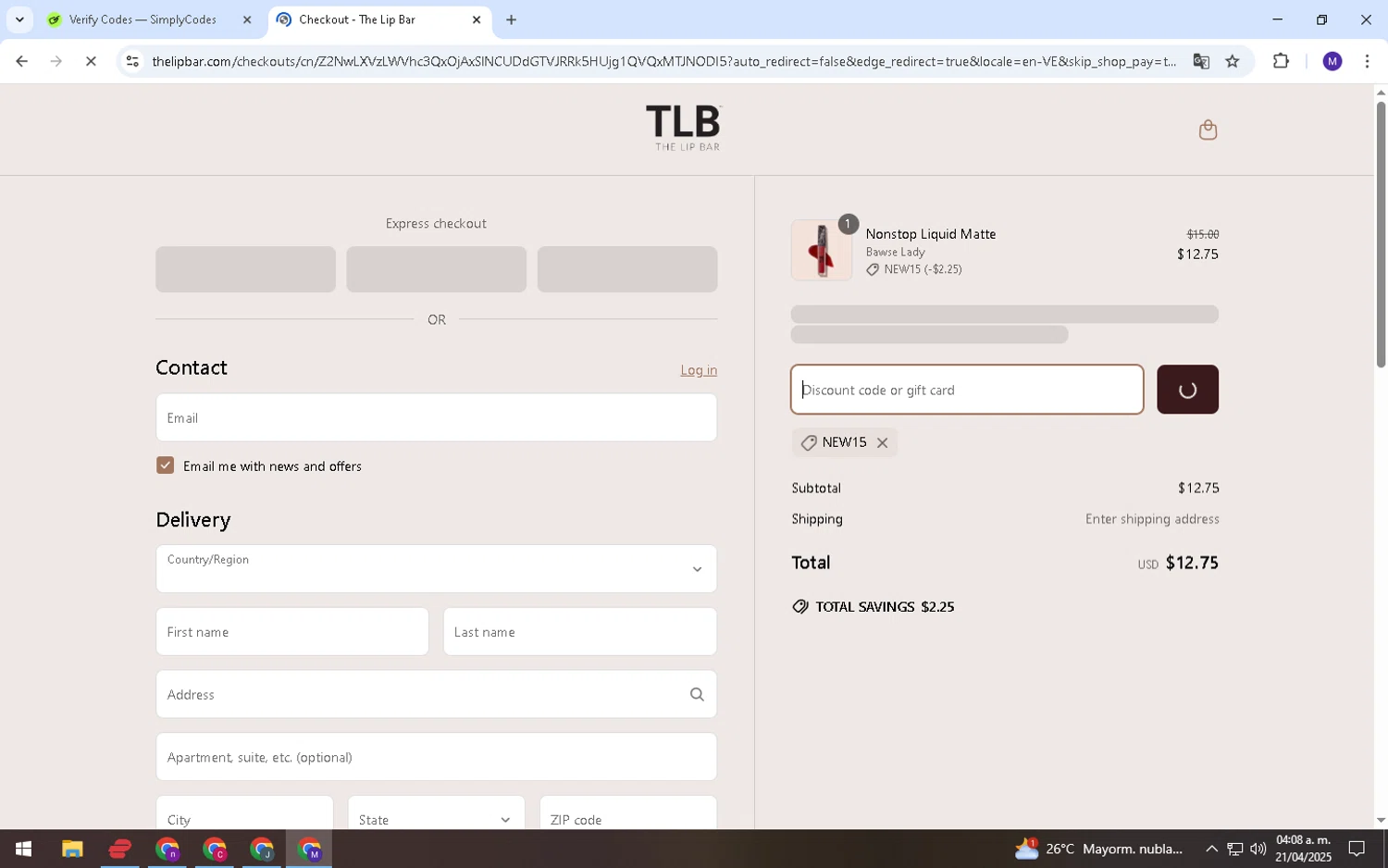 The Lip Bar discount code screenshot showing code NEW15 applied at The Lip Bar checkout page. Uploaded by SimplyCodes community member CRF250CC on Apr 21, 2025