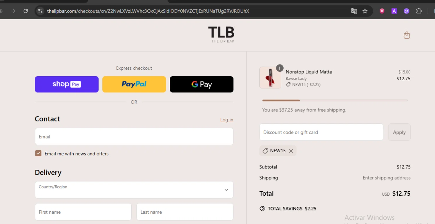 The Lip Bar discount code screenshot showing code NEW15 applied at The Lip Bar checkout page. Uploaded by SimplyCodes community member ExtraordinarySleuth3936 on May 30, 2025