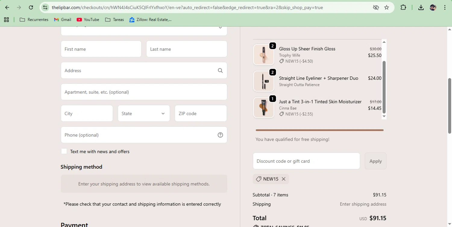The Lip Bar discount code screenshot showing code NEW15 applied at The Lip Bar checkout page. Uploaded by SimplyCodes community member PromoWhiz6709 on Oct 19, 2025