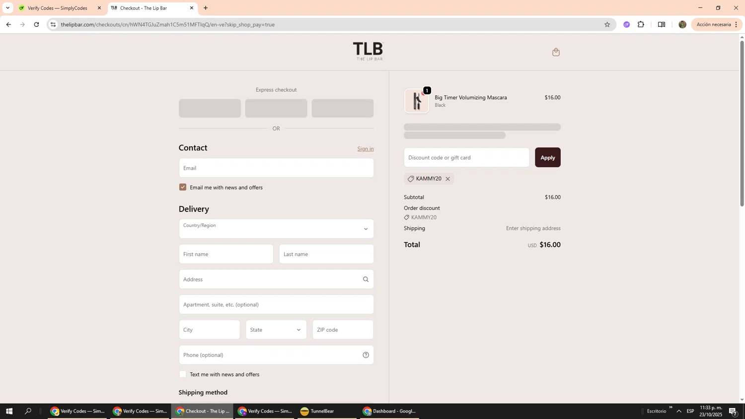 The Lip Bar discount code screenshot showing code KAMMY20 applied at The Lip Bar checkout page. Uploaded by SimplyCodes community member Phoenix585 on Oct 24, 2025