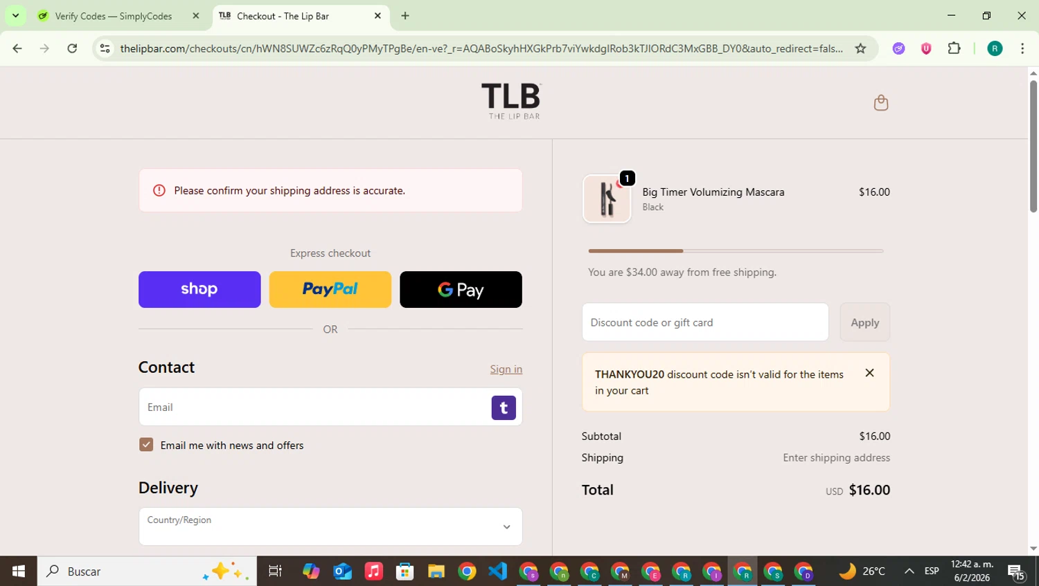 The Lip Bar checkout page showing The Lip Bar discount code box | Screenshot taken by SimplyCodes community member on Feb 6, 2026